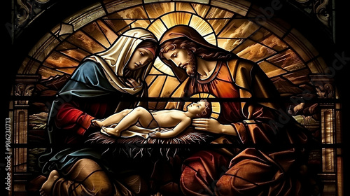 A nativity scene in a stained glass window