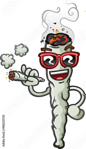 marijuana joint cartoon character with a cool attitude wearing stylish sunglasses and smoking a fat doobie with a big smile on his face
