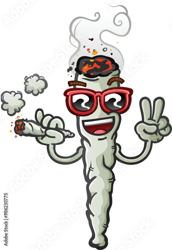 marijuana joint cartoon character with a cool attitude wearing stylish sunglasses and flashing a peace sign