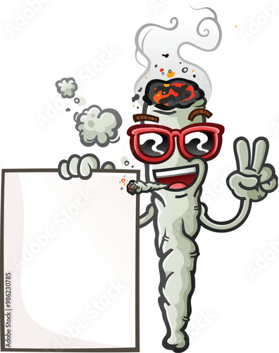 marijuana joint cartoon character with a cool attitude wearing stylish sunglasses and flashing a peace sign and holding a large sign clip art illustration