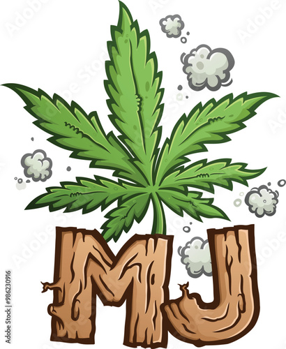Cartoon Pot Leaf with Wooden Lettering spelling out the initials of MJ for Mary Jane  Cannabis-Themed clip art for advertising and promotion