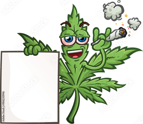 marijuana pot leaf cartoon character with a cool attitude and bloodshot red eyes smoking a big doobie joint, getting high, and smiling big while holding a blank poster sign for advertising and promoti
