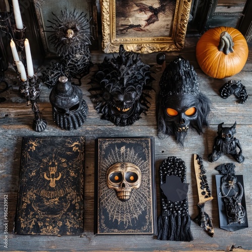 A captivating collection of dark decor, featuring skulls, masks, candles, and autumn elements for a haunting atmosphere. photo