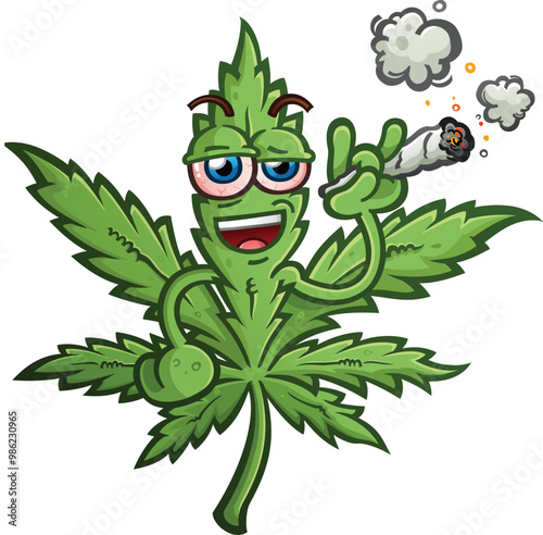 marijuana pot leaf cartoon character with a cool attitude and bloodshot red eyes smoking a fat doobie joint and smiling big in his intoxicated state of mind