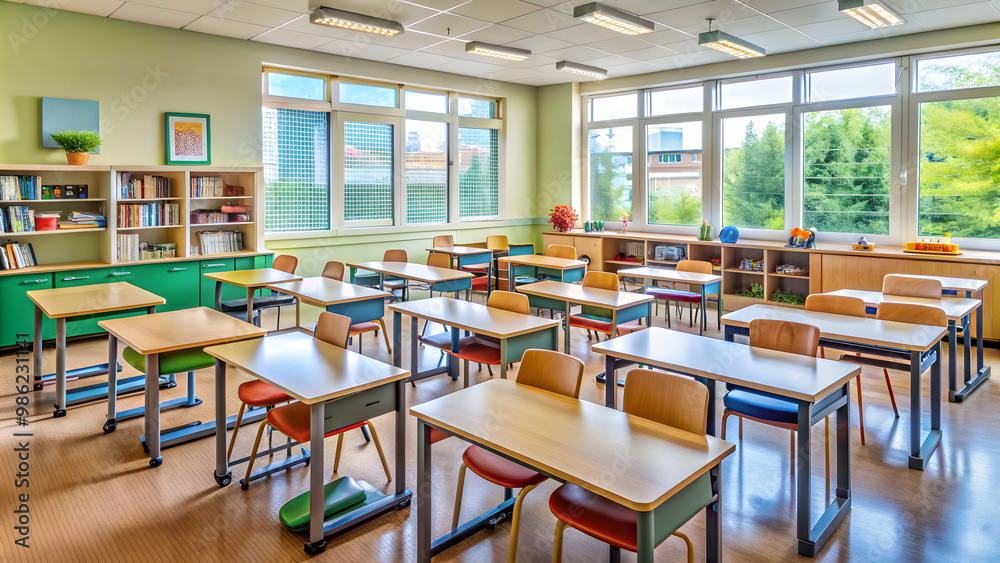 Organised and tidy classroom in a school , education, interior, neat, clean, chairs, tables, desks, whiteboard Organised and tidy classroom in a school , education, interior, neat, clean, chairs, tables, desks, whiteboard