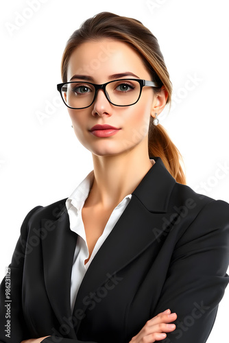 A professional young woman wearing glasses and a black blazer, with her arms crossed. She has long hair styled in a ponytail and a confident expression. The background is white.