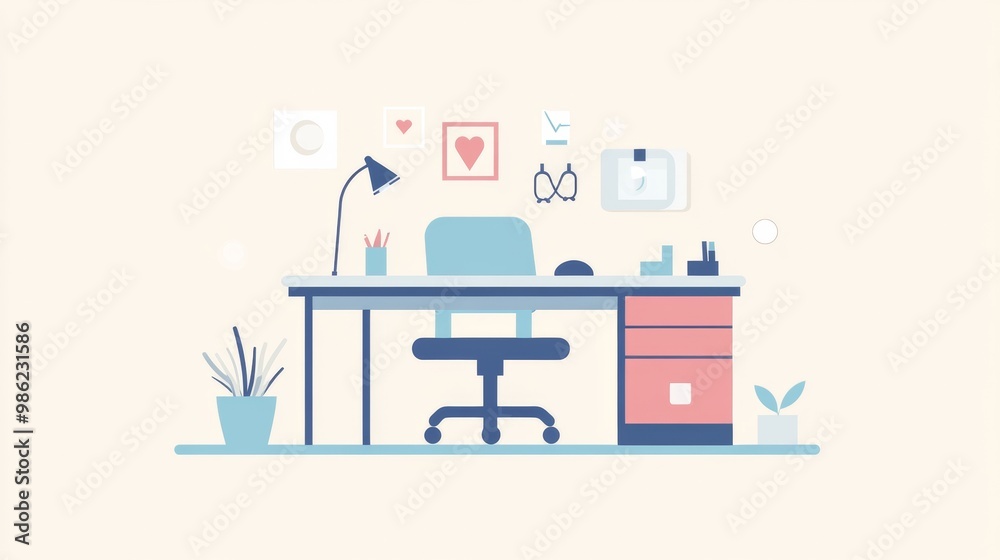 A cartoon drawing of a desk with a chair, a lamp, a potted plant, and a clock A cartoon drawing of a desk with a chair, a lamp, a potted plant, and a clock
