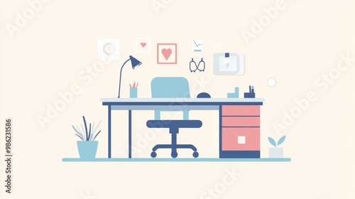 A cartoon drawing of a desk with a chair, a lamp, a potted plant, and a clock