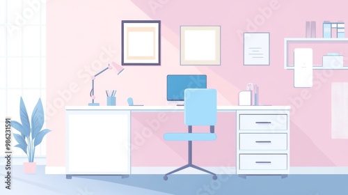 A white office with a desk, chair, and a potted plant