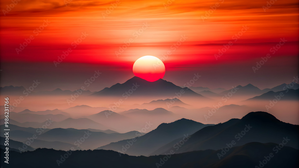 Minimalist of a serene sunset over mountain ranges in monochrome with a red sun, mountains, sunset, serene Minimalist of a serene sunset over mountain ranges in monochrome with a red sun, mountains, sunset, serene