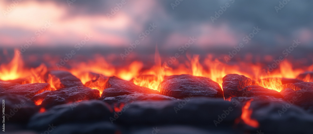 A close up of a lava field with red glowing rocks A close up of a lava field with red glowing rocks