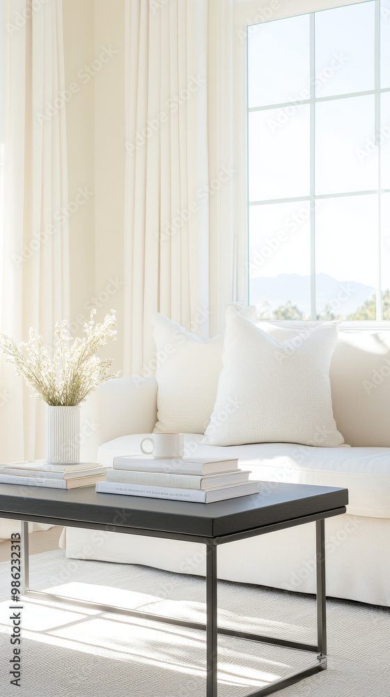 A white couch and coffee table with a vase of flowers on the table