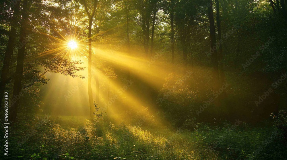 Obraz premium Sunbeams Shining Through a Misty Forest