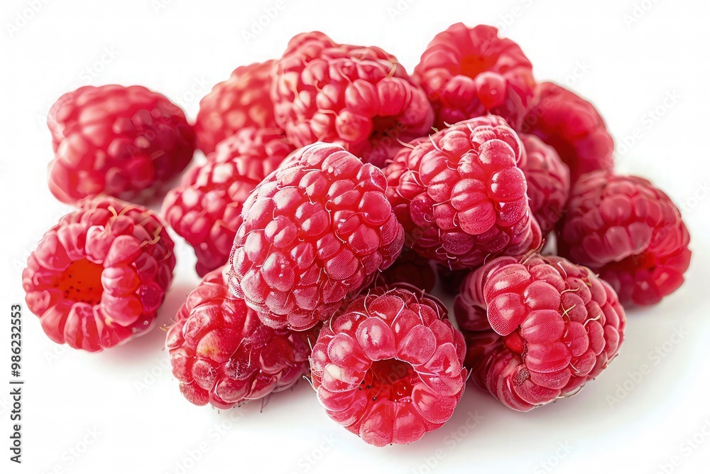 A handful of raspberries with a soft focus, highlighting their delicate texture and deep red color, inviting a sense of taste and smell. isolated on white background. A handful of raspberries with a soft focus, highlighting their delicate texture and deep red color, inviting a sense of taste and smell. isolated on white background.