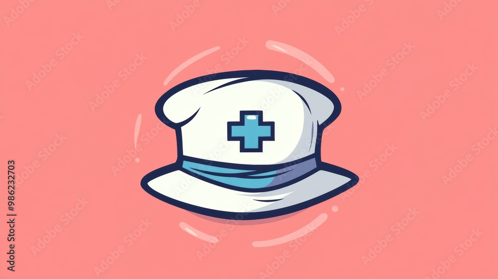 A cartoonish hat with a blue band and a red cross on it A cartoonish hat with a blue band and a red cross on it
