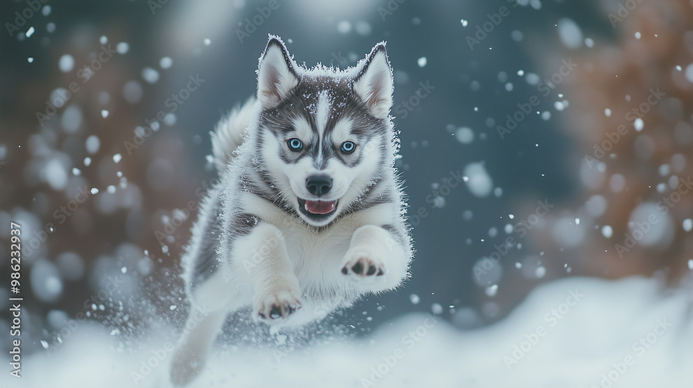 Siberian Husky Puppy Leaping Through Snowfall in Winter Wonderland Siberian Husky Puppy Leaping Through Snowfall in Winter Wonderland