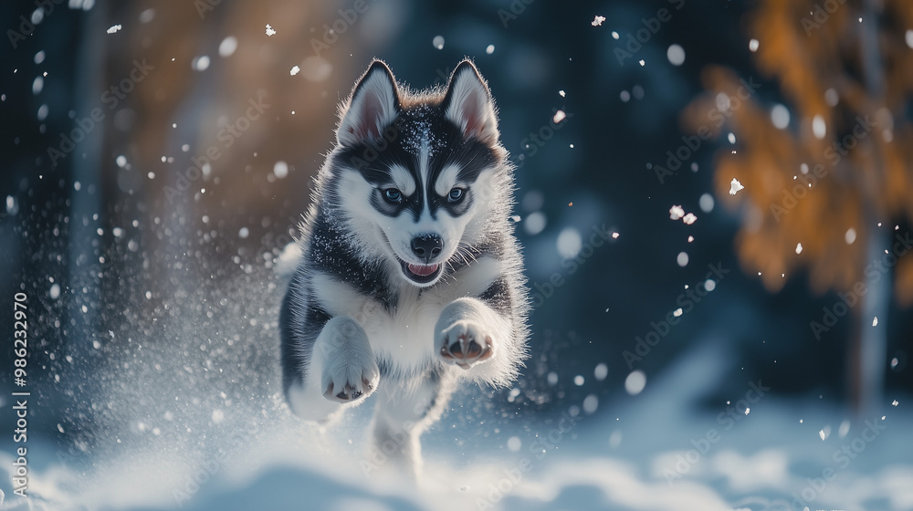 Husky Puppy Playing in Snowy Winter Forest Husky Puppy Playing in Snowy Winter Forest
