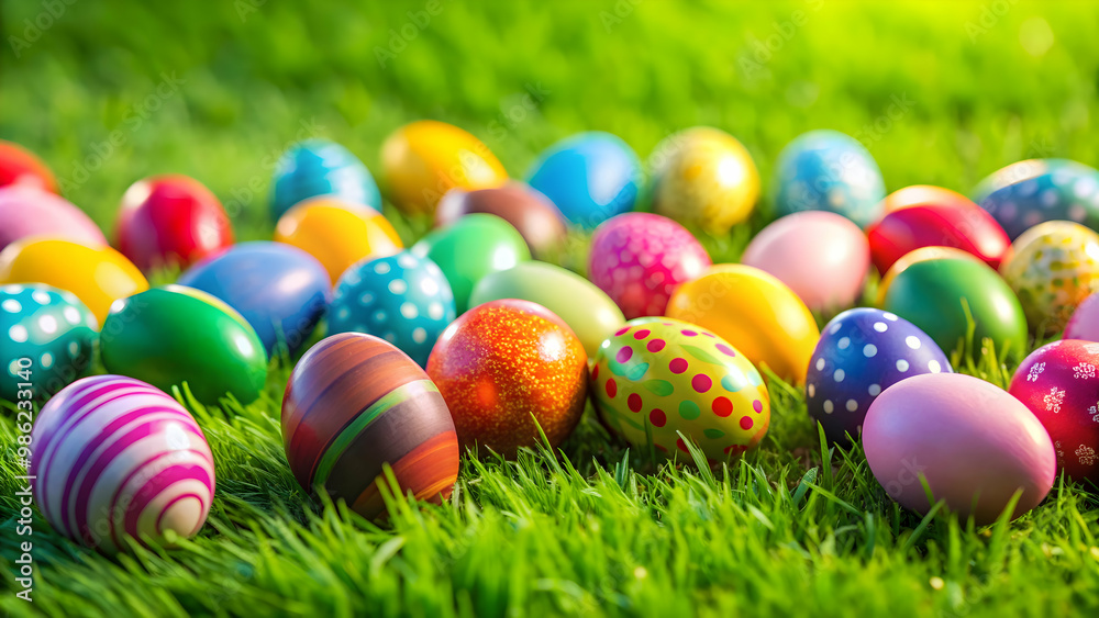 Colorful Easter eggs scattered on vibrant green grass, Easter, eggs, outdoors, spring, holiday, colorful, grass, decorations Colorful Easter eggs scattered on vibrant green grass, Easter, eggs, outdoors, spring, holiday, colorful, grass, decorations