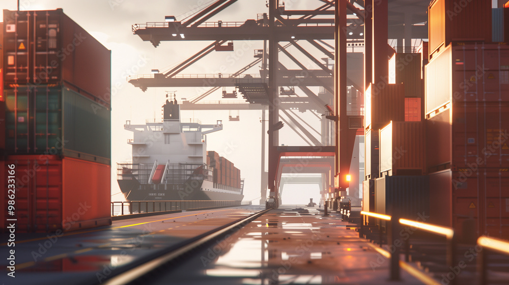 Fototapeta premium Large cargo ship docked at empty port with stacked containers and idle cranes, symbolizing port strike and industrial tension.