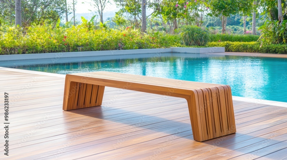 Fototapeta premium Modern Wooden Bench by Tranquil Swimming Pool