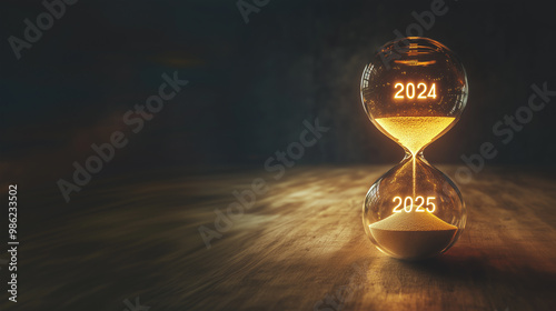 Hourglass Engraved with '2024' on the Upper Half and '2025' on the Lower Half: Sand Flowing to Symbolize Transition from One Year to the Next - Ideal for Themes of Time, Change, and New Beginnings.