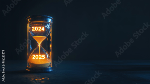 Hourglass Engraved with '2024' on the Upper Half and '2025' on the Lower Half: Sand Flowing to Symbolize Transition from One Year to the Next - Ideal for Themes of Time, Change, and New Beginnings.