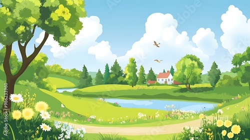 Summer Landscape with Green Grass, Trees, River, and Small House photo