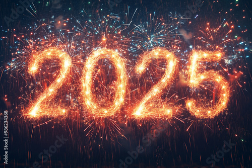 Colorful Fireworks Forming the Number '2025' Against a Dark Background: A Festive Celebration for New Year's Eve - Perfect Visual for New Year’s Promotions, Events, and Joyful Celebrations.