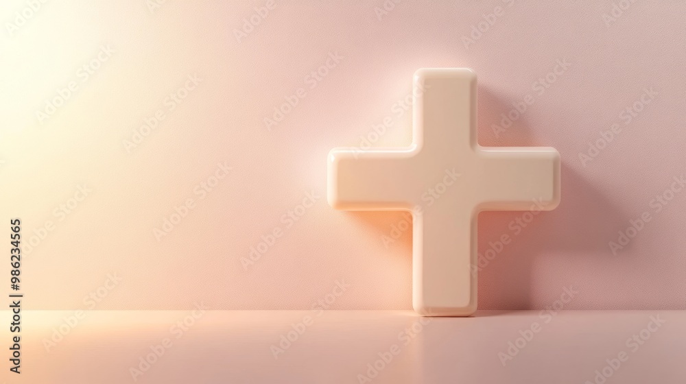 Fototapeta premium A white cross is placed on a pink background