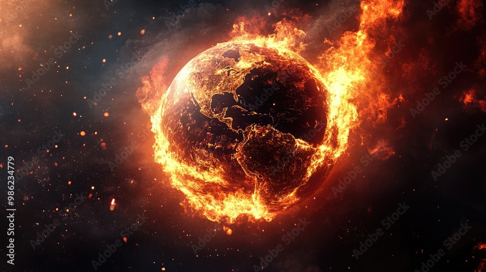 Earth on fire, representing the serious consequences of global warming and the climate crisis Earth on fire, representing the serious consequences of global warming and the climate crisis