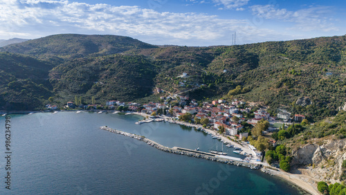 Asmali Village view from sea in Marmara Island of Turkey. Aerial view of Marmara island Cinarli , Turkey. Marmara island view from sea in Turkey.