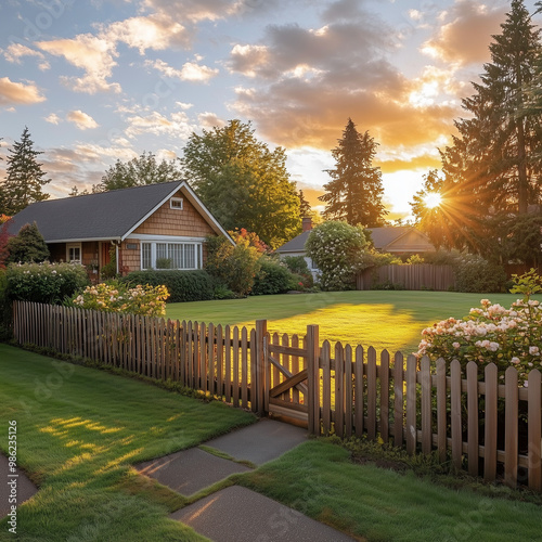 Wide view of a wooden picket fence in front of a cozy suburban home