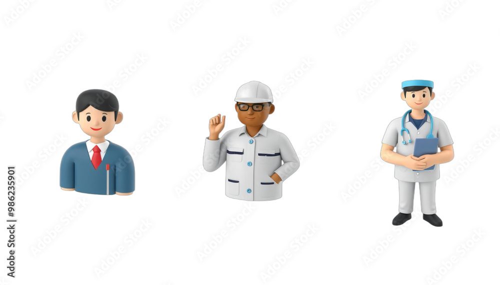 Cartoon-Style Professional Figures - Business, Baker, and Medical Roles Cartoon-Style Professional Figures - Business, Baker, and Medical Roles