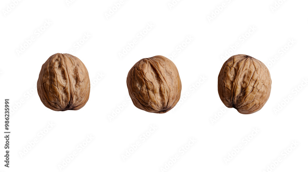 Three whole walnuts on transparent background: minimalist nut display Three whole walnuts on transparent background: minimalist nut display