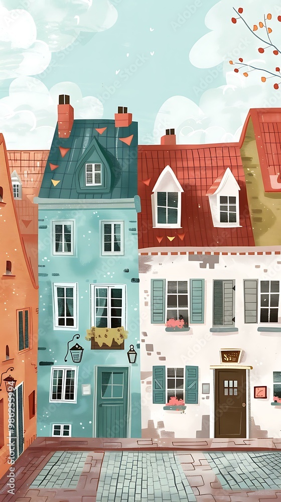 Colorful Houses Illustration with Cobblestone Street Colorful Houses Illustration with Cobblestone Street