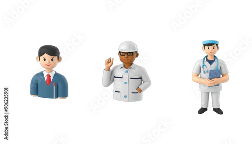 Cartoon-Style Professional Figures - Business, Baker, and Medical Roles