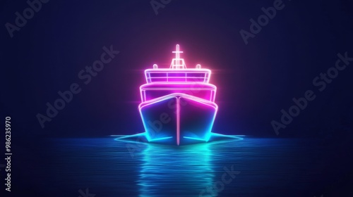 A neon lighted ship is floating on the water