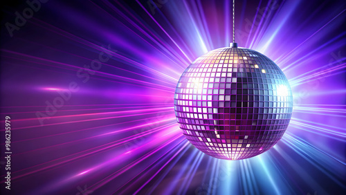 Glowing disco ball with rays on purple background