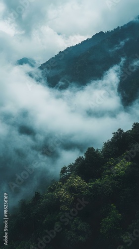 Green Mountainside Enveloped in Misty Clouds