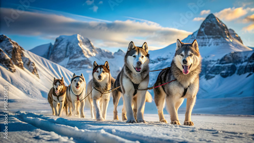 Husky sled dogs pulling a sled in arctic mountain wilderness , husky, sled dogs, sled, arctic, mountain, wilderness, snow, cold