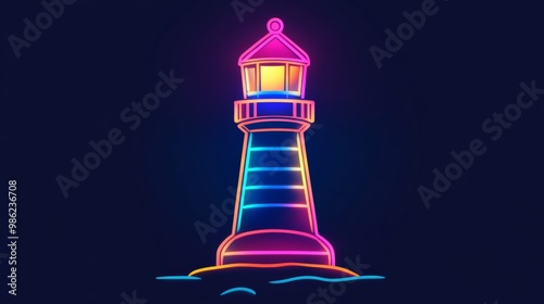 A neon lighted lighthouse on a dark background