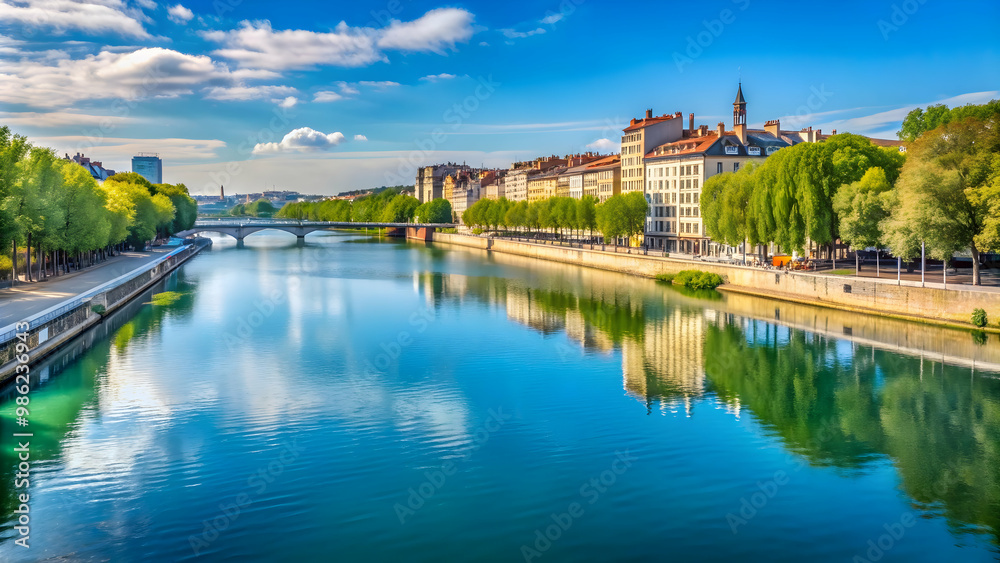 Tranquil view of Saone river between Barbe island and Quai Clemenceau in Lyon, France, Saone river, Barbe island Tranquil view of Saone river between Barbe island and Quai Clemenceau in Lyon, France, Saone river, Barbe island