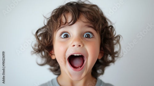 A child face expressing excitement, mouth open, eyes wide. Rich composition, 8k high resolution, clear object, white background. Canon EOS-1D.