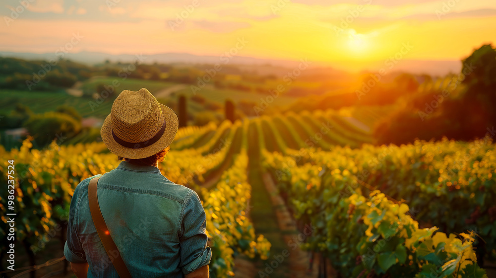 traveler visiting local vineyard at sunset, surrounded by lush green rows of grapevines. warm glow of sun creates serene and picturesque atmosphere traveler visiting local vineyard at sunset, surrounded by lush green rows of grapevines. warm glow of sun creates serene and picturesque atmosphere
