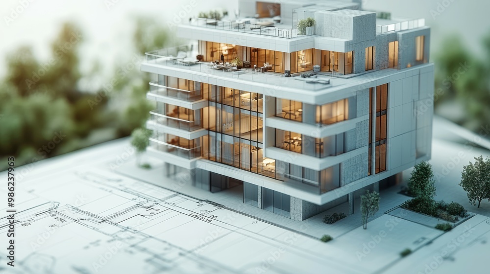 Obraz premium A realistic photo showing a close-up view of a CAD rendering of a multi-story building. The fine details of the architectural plans are clear, with measurements and annotations prominent