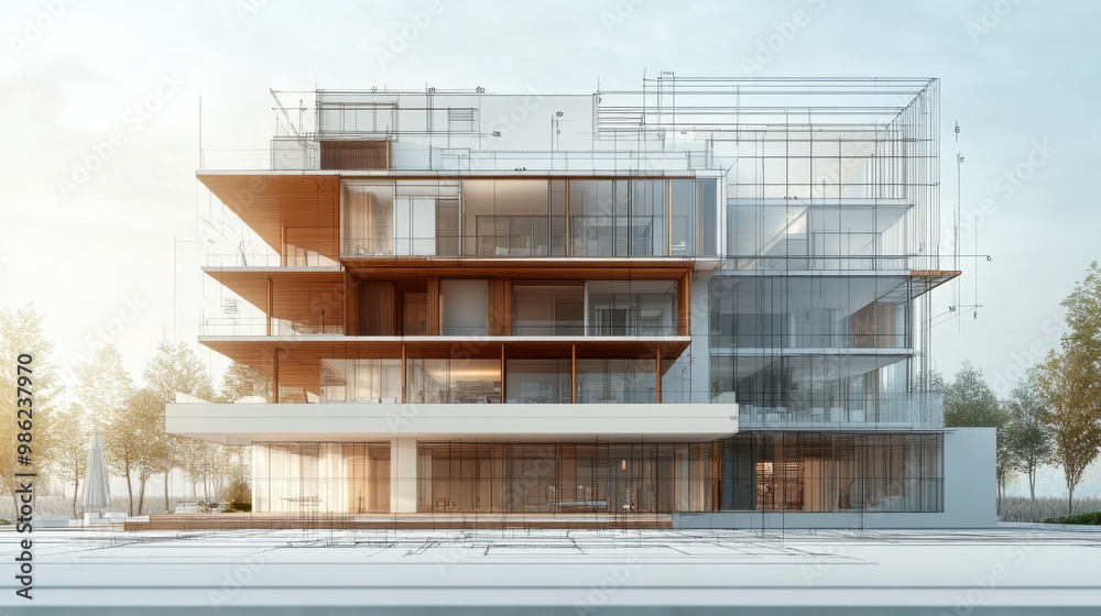 A realistic photo showing a close-up view of a CAD rendering of a multi-story building. The fine details of the architectural plans are clear, with measurements and annotations prominent A realistic photo showing a close-up view of a CAD rendering of a multi-story building. The fine details of the architectural plans are clear, with measurements and annotations prominent