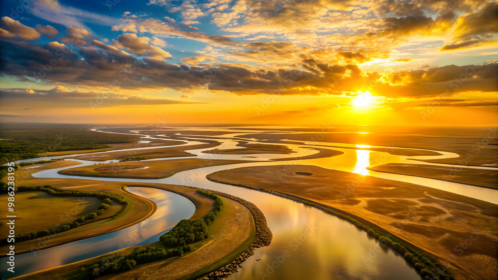 Fototapeta premium Sunset over a vast river delta with winding waterways, reflecting golden light off multiple channels, sunset, river