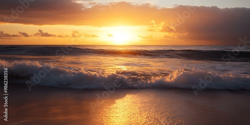 Sunrise Over the Ocean with Foamy Waves on the Beach