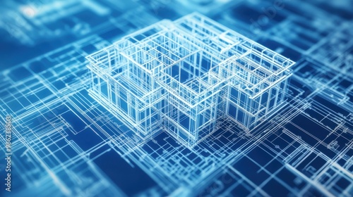 A high-definition close-up photo of a construction blueprint rendered in CAD software, showing the fine details of the building foundation and framing. The digital drawing is crisp and detailed