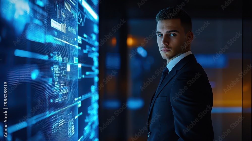 Businessman in a formal suit, standing by a digital display, looking seriously at the camera. Businessman in a formal suit, standing by a digital display, looking seriously at the camera.